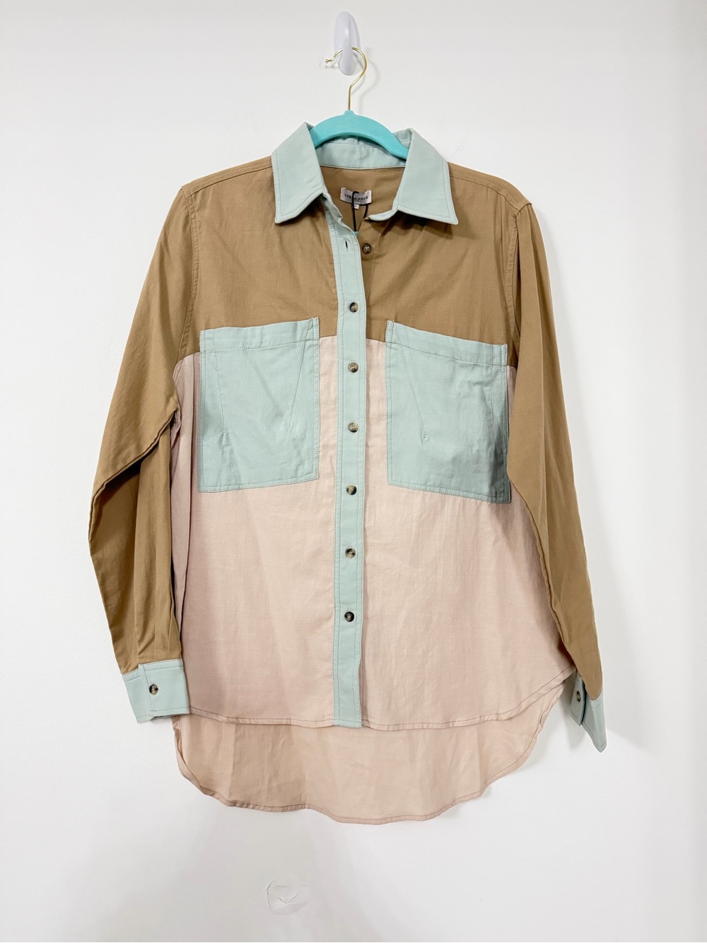 Colorblock Button-Down Shirt in Tan, Pale Pink & Mint